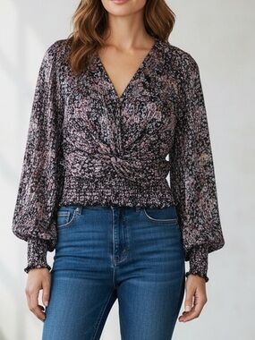 Zara Pink and Black Ruched Crop Long Bell Sleeves Sheer Blouse Sz XL
